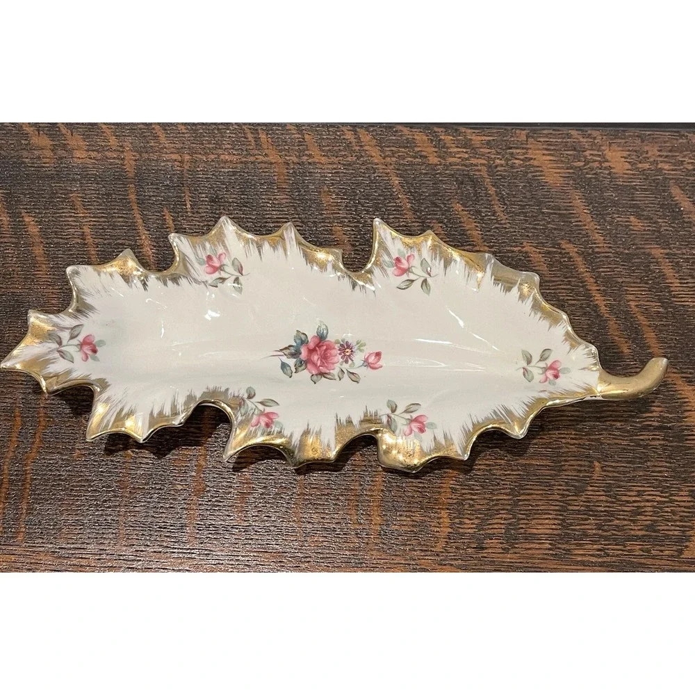 VTG‎ Trinket Serving Dish 9.5 Inch Porcelain Pink Roses Gold Gilt Japan Leaf